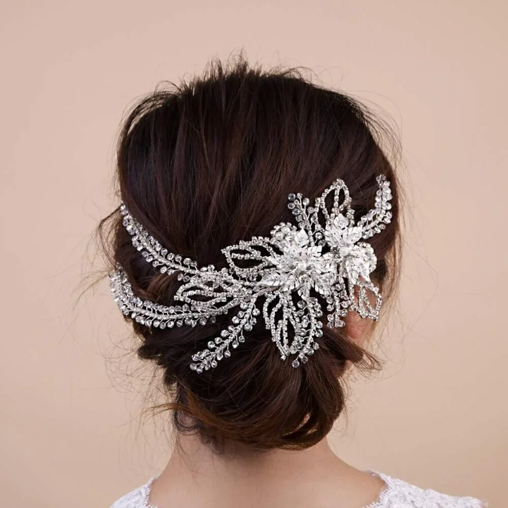 Wedding Bridal Headpiece Rhinestone Clip Silver Handmade Hair Accessories